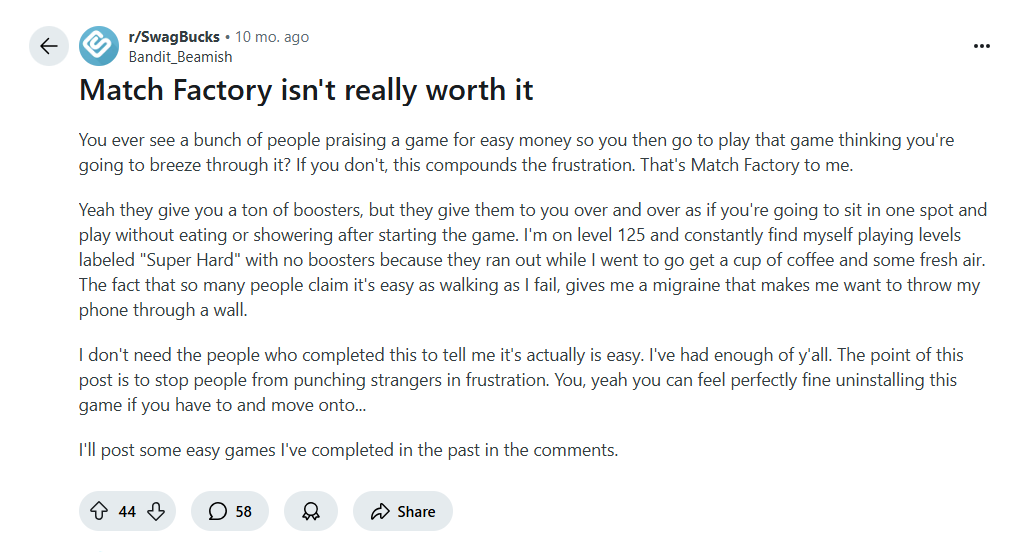a review on match factory game on reddit