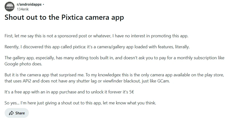 reddit user review of pixtica app