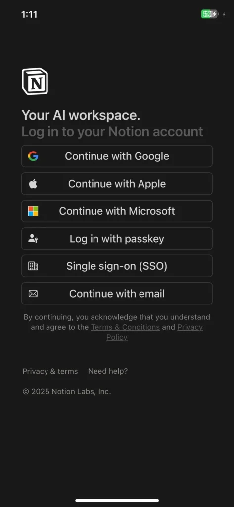 screenshot of notion app