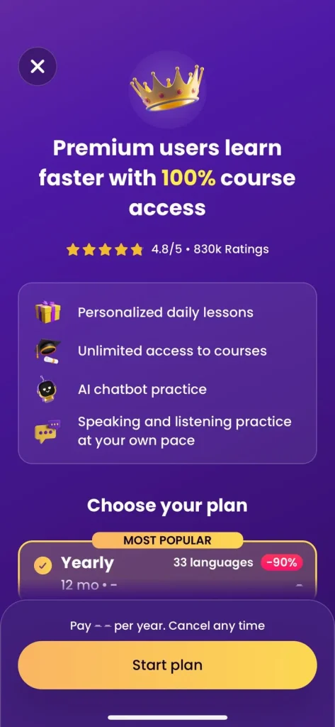 screenshot of premium plan in mondly